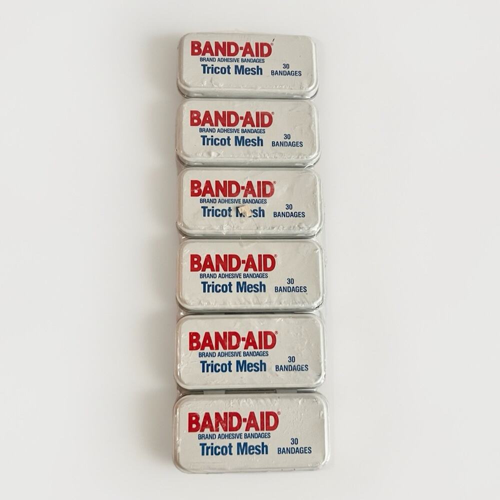 BAND-AID Metal Tin 80s Vtg NOS Tricot Mesh Bandages Advertising Decor 6 Pack NEW